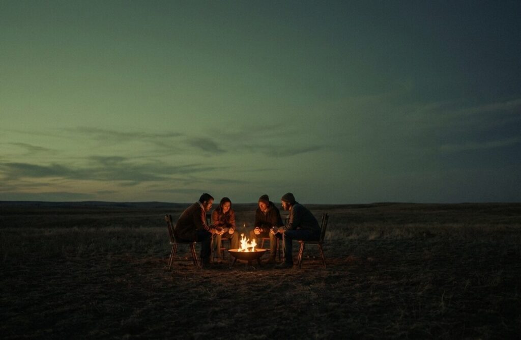 small group of four people are seen from a distance, sitting in a circle of simple wooden chairs around a low, glowing fire pit at dusk