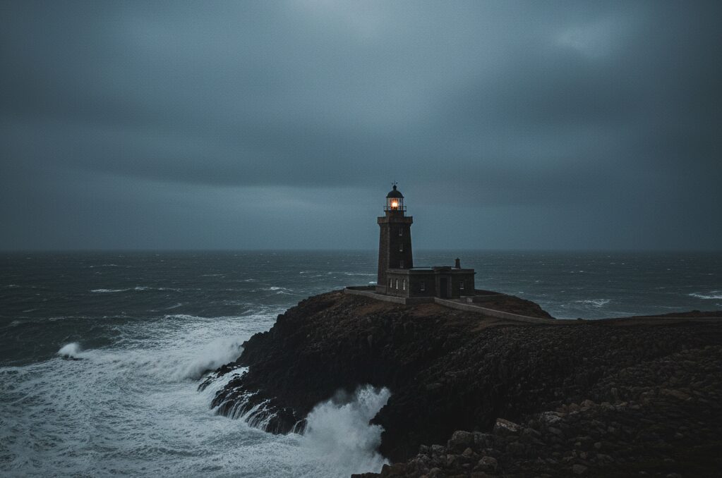 A lighthouse standing firm against a dark, crashing sea representing strength of character in a storm