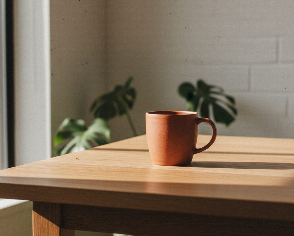 A minimalist interior shot featuring a ceramic mug on a clean wooden table, bathed in warm, natural afternoon light.